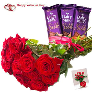 Bunch Of 12 Red Roses with Dairy Milk Silk n Valentines Greeting Card